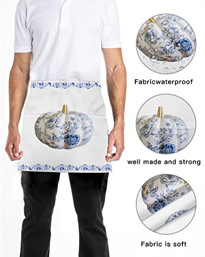 Risqiten Thanksgiving Fall Waitress Apron For Women/Men With 3 Pockets, Pumpkin Blue And White Porcelain Server Aprons Waterproof Kitchen Cooking Half Waist Apron #TOP4