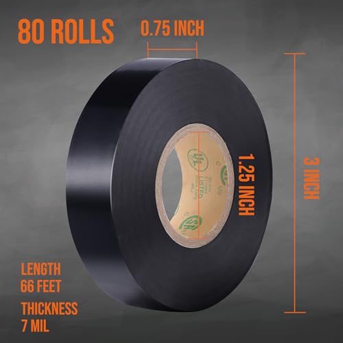 Image of Lichamp 80 Pack Black Electrical Tape Waterproof, 3 /4 in x 66ft, Industrial Grade UL /CSA Listed High Temp Electrical Tape Electric Super Vinyl