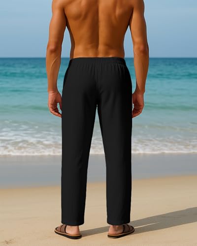 Men's Casual Linen Pants Summer Beach Trousers Loose Fit Straight-Legs Elastic Drawstring Waist Yoga Trousers3