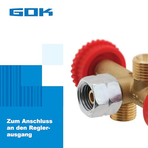 GOK Doppelabzweigventil & Regulierventil für Gasdruckminderer | Propan | G 1/4 LH-ÜM x 2x G 1/4 LH-KN