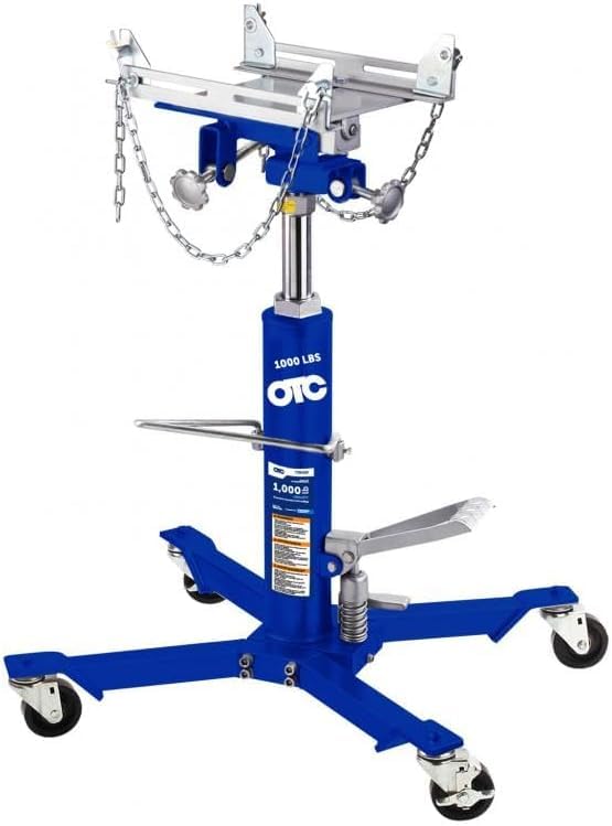 Image of OTC TJH10 1,000 lb. High-Lift Transmission Jack - 71-5 /8 inch Maximum Height | Features a Universal Saddle, Tilting Head, Safety Chains, and Foot Operated Pump and Lowering Pedal