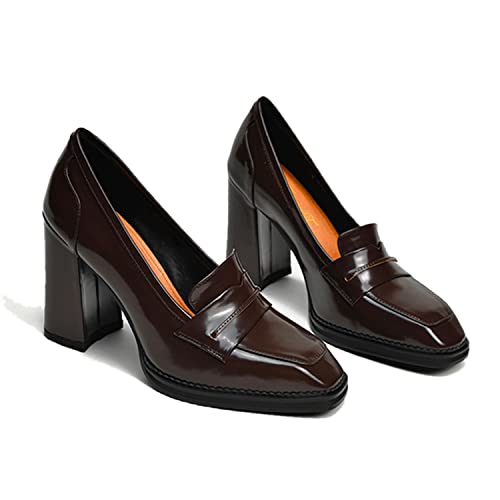 Image of FOWT Dressy High Block Heels Loafers for Women Classical Square Toe Pumps Comfortable Slip On Walking Shoes School Uniform Goth Oxfords US Size 4-16 M
