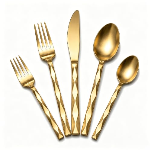 GPY Silverware Set 20 Piece Gold Flatware Set for 4, Nickel Free 18/0 Stainless Steel Cutlery Set with Diamond Cut Pattern for Home Kitchen Restaurant, Mirror Polished and Dishwasher Safe (20, Gold)