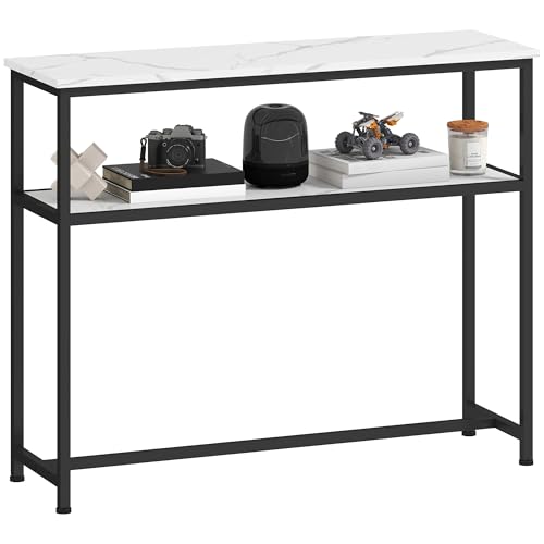 HOMCOM Mesa Consola Moderna Consola Recibidor Estrecha con Superficie con Efecto Mármol Estante Abierto y Marco de Metal Mesa de Sofá para Entrada Sala de Estar 100x30x81 cm Blanco