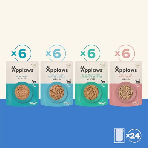 Applaws 100% natürliches Nassfutter für Katzen, Beutel Multipack Fischauswahl in Brühe - Packung mit 24 x 70g Beuteln