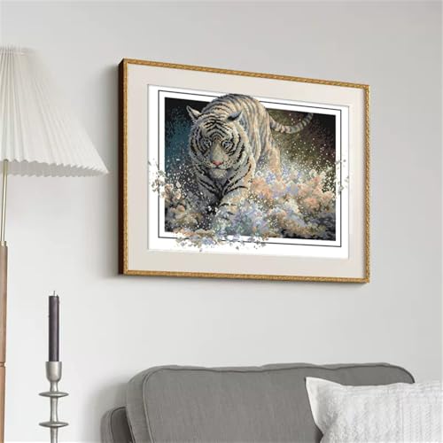 Image of JOYSEWING Running Tiger Cross Stitch Kits Fierce Beasts Classic Series Stamped Embroidery Starter Sets for Beginners Printed Pattern DIY Home Decoration 11CT -(Tiger (Printed) 22.05 x17.72 inches)