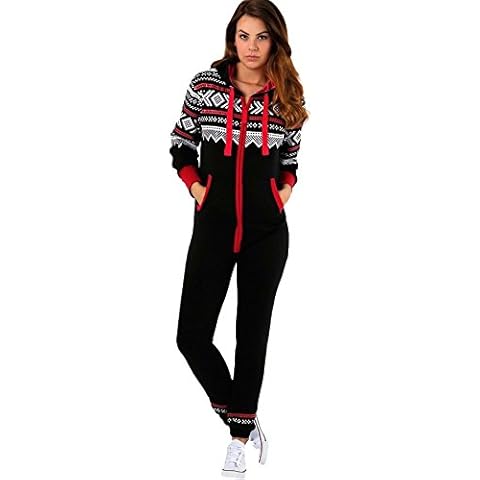 Womens Zip Up Jumpsuit Fleece Aztec Print Adult Hooded Onesie Pyjamas Hoodie Sweats Pants All in One Ladies Playsuit Black Red-10 Cover