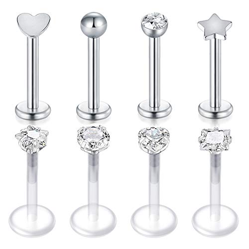 MODRSA 16G Piercing Oreille Tragus Helix Cartilage Boucles d'oreilles Acier Chirurgical & Acrylique Piercing Lèvre Anneaux Piercing Bioflex Retainer Transparent Labret CZ Incrusté 8 Pièces-Argent Cover