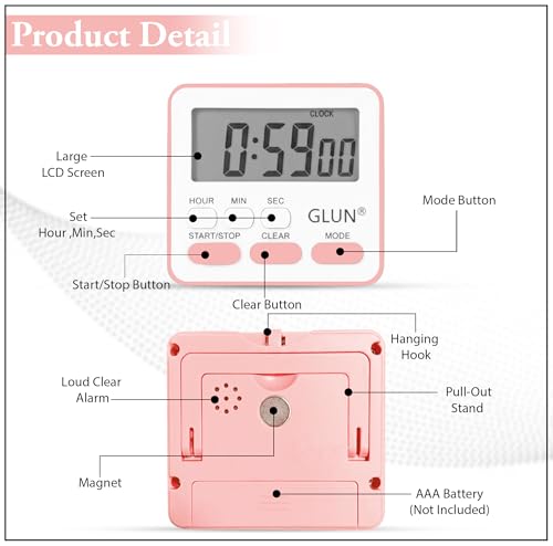 Image of GLUN Digital Multi-Function Timer Clock | Magnetic Back, Loud Alarm, Large LCD Display | Countdown, Stopwatch, Stand & Hanging Hole for Kitchen & Study (Pink)