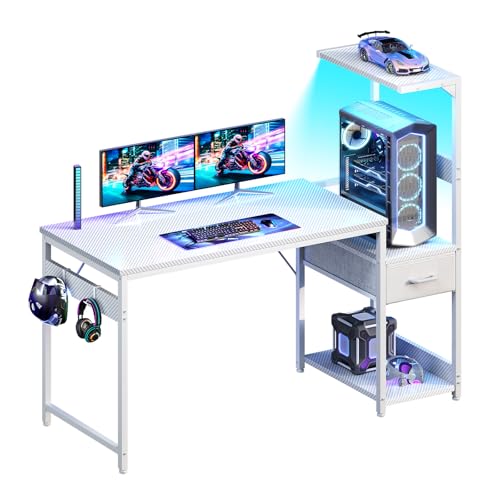 Casaottima 48 Inch Gaming Desk with Storage & LED Lights, Reversible Computer Desk with Display Shelves & Fabric Drawer, Modern Gamer Desk Table with Side Headphone Hook, Carbon Fiber White