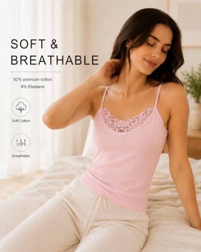 Image of Womens Tank Top Camisoles with Premium Cotton Italian Design - Trimmed with Flower Lace on Neckline