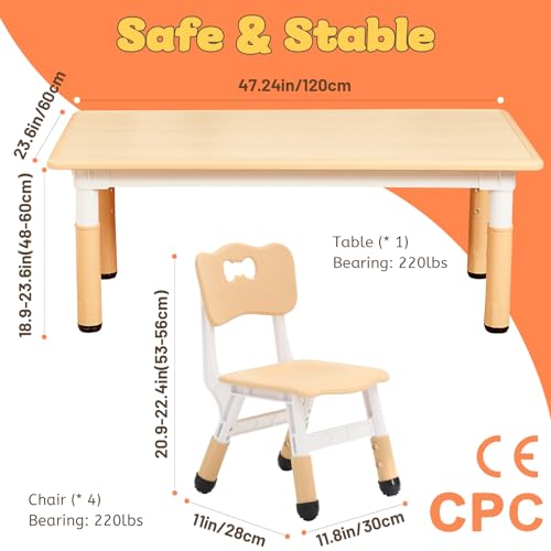 Image of FUNLIO Kids Table and 4 Chairs Set for Ages 3-8, Height Adjustable Toddler Table and Chair Set, Easy to Wipe Arts & Crafts Table, for Classrooms /Daycares /Homes, CPC & CE Approved (5 pcs Set) - Natural