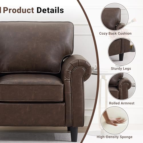 Image of Kingfun Faux Leather 3 Seater Couch, Mid Century Modern Sofa with Rolled Arms and Deep Seats, Fluffy Comfort for Living Room, Apartment, Easy Assembly, Cocoa