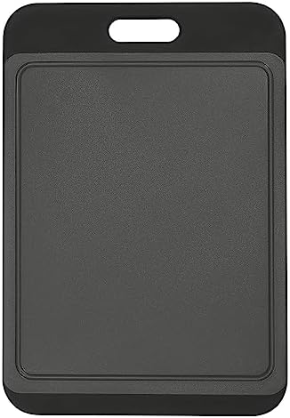 SOSECCE Cutting Board Plastic with Juice Grooves and One-Piece Non-Slip Silicone Handles, 14 x 9.5 x 0.4 Inch Kitchen Chopping Board, Dishwasher Safe BPA Free (Black+Grey)