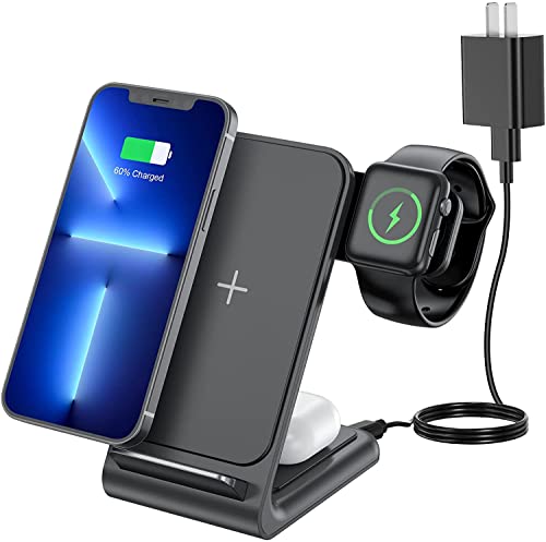 Image of MGG 3 in 1 Wireless Charging Station for Apple: Wireless Charger Stand for iPhone 15 /14 /13 /12 /11 /SE /X /8 Pro Max Plus Mini, Charging Dock for Apple Watch Ultra /9 /SE /7 /6 /5 /4 /3, AirPods Pro 2 /3 /2