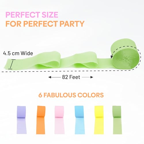 Image of 6 Pastel Streamers, 492ft Pack of Crepe Paper Party Decorations | Each roll is 82 ft long and 1.8 Inch wide ideal for Birthday Party Decor, Baby showers and Easter Celebrations