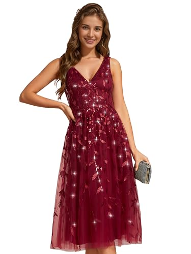 Image of Ever-Pretty Women's Prom Dress A Line V Neck Open Back Sleeveless Ruched Sequin Tea Length Formal Dress Burgundy US8