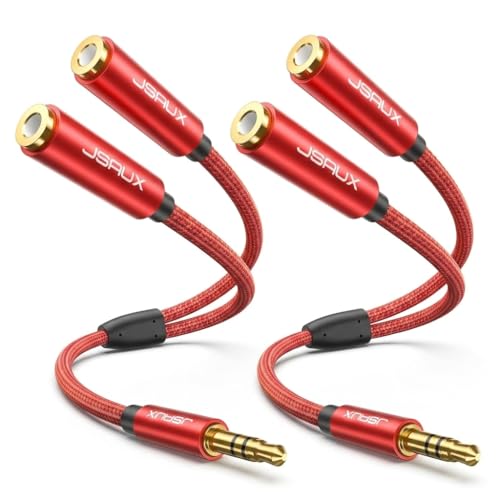 Image of JSAUX 2Pcs Headphone Splitter 3.5mm, 2 Female to 1 Male Audio Stereo Y Splitter Cable, Dual Headphone Adapter Compatible with PS5, Xbox, Switch, PC Gaming Headsets, Phone, Tablet, Laptop and More-Red