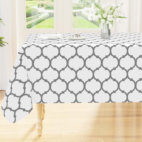 Image of Smiry Rectangle Table Cloth, Flannel Backed Vinyl Tablecloth, 60 inchx102 inch | Waterproof Plastic Tablecloths, Wipeable Table Cover for Dining, Indoor and Outdoor (White)