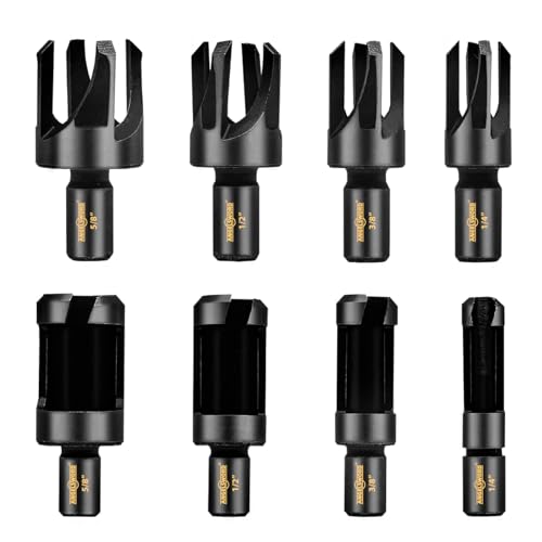 ANGELSWORD 8 PCS Rusty Wood Plug Cutter Drill Bit Set 1/4 3/8 1/2 5/8 Barrel Type and Claw Type with 1/4 Hex Shank Plug Cutters for Woodworking