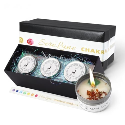 SereLune Chakra Crystals Candle, 3 Scented Soy Candles with Crystals, Spiritual Gifts for Women, Valentine's Day Gifts, Aromatherapy Candle, Canned Soy Candles (Enery Balance Set)