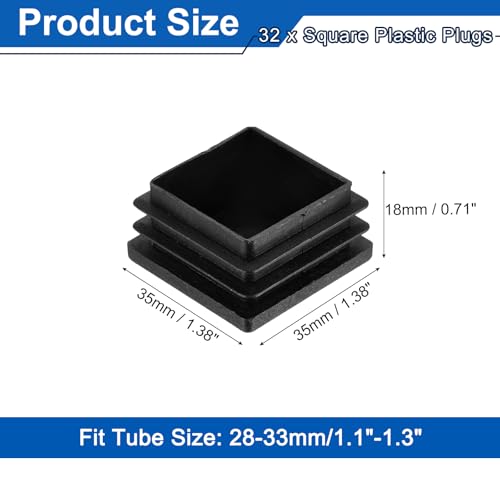 Image of uxcell 32Pcs Square Plastic Plugs, 35 x 35mm /1.38 x 1.38inch PE Pipe Tubing End Caps for 28-33mm /1.1-1.3inch Square Tube Furniture Chair Leg, Black