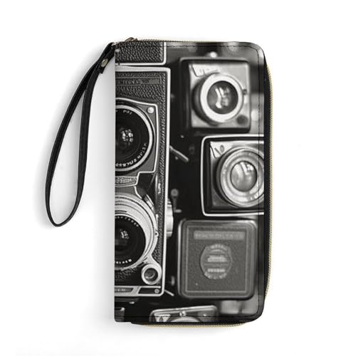 Womens Leather Wallets Vintage Camera Wallet for Women Large Capacity Card Phone Holder Ladies Purse with Wriststrap