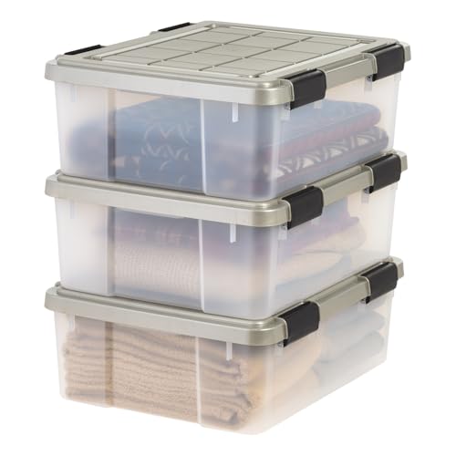 IRIS USA 27 Qt Storage Bins with Gasket Seal Lid, 3 Pack - BPA-Free, Heavy Duty Moving Containers Tight Latch, Weather Proof Tote, WEATHERPRO - Clear/Chrome