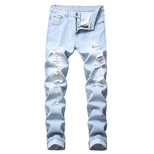 LZLER Cut up Pans Men Fitted Comfy Regular-fit Stylist Jeans Designer Stretchy Light Blue Straight-Leg Size 30