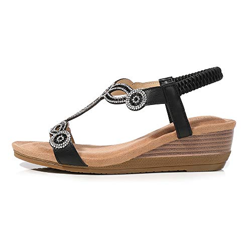 Meeshine Womens Wedge Sandal Platform Rhinestone Dress Sandals Comfortable Bohemia Shoes Black -07 Us 7 #TOP1