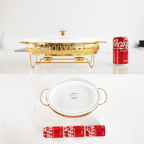 jinsongdafa 11" x 7" Ceramic Oval Casserole Dish with Glass Lid and Gold rack, 1.3 Quart White Serving Soup Tureen,Chafing Dish for Buffet, Family Food preserve Tray, Catering Casserole for Party Style