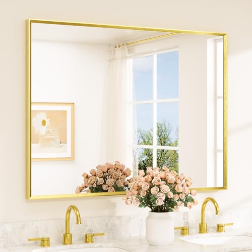 TETOTE Brushed Gold Bathroom Mirror for Over Sink 48" x 36" Large Brass Gold Beveled Framed Rectangular Vanity Mirror for Bathroom, Bedroom, Entryway, Living Room, Tempered Glass, Stronger Frame