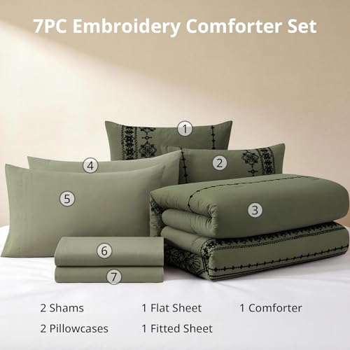 Image of MaiReve Full Size Comforter Set Embroidery Floral 7 Pieces Bed in a Bag