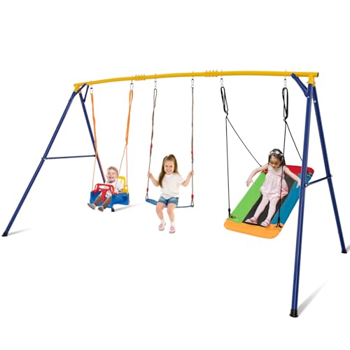 Image of Costzon 660 lbs Swing Sets for Backyard, 3-in-1 Heavy Duty Extra Large Metal Frame with Platform Swing, Belt Swing, Baby Swing, Indoor Outdoor Playground Playset, Swing Set for Kids Toddlers