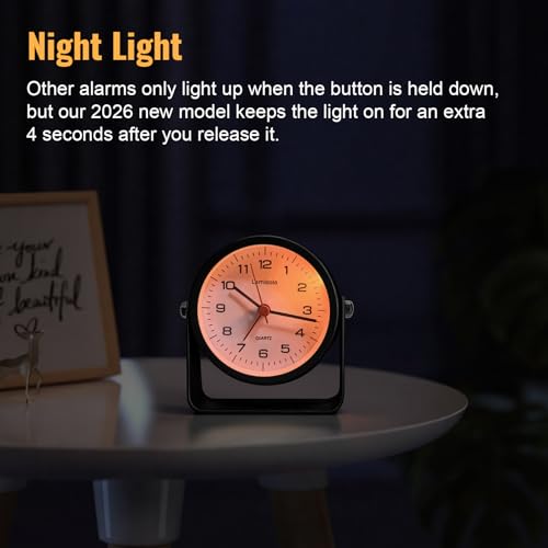 Image of Lamisola 3.5 Inch Small Desk Battery Clock, Black Alarm Clock for Bedroom | Travel Clock for Bathroom Table Shelf Bedside, Cute Metal Vintage Silent Night Light Snooze for Kids Seniors