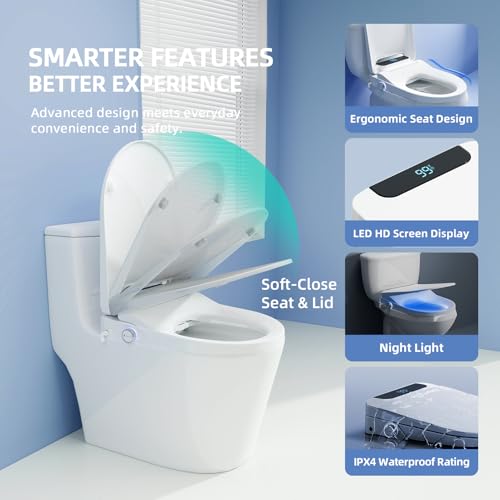Image of Electric Bidet Toilet Seat Round, Heated Bidet Seat with Instant Warm Water, Warm Air Dryer, Self-Cleaning Stainless Steel Nozzle, Heated Seat, Night Light, Remote Control, Soft Close
