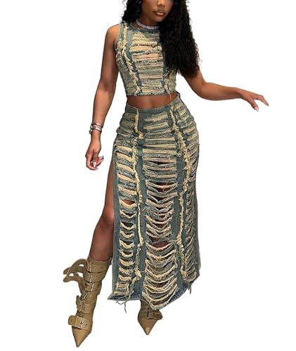 SEMATOMALA Women's Jeans Skirt Two Piece Outfits Ripped Distressed Hollow Out Crop Tank Tops and Split Maxi Skirts Set