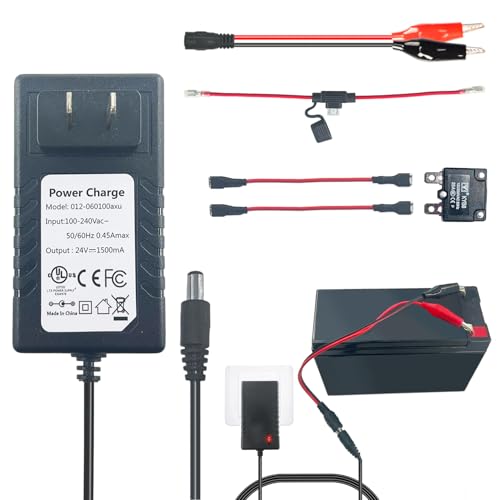 24 Volt Battery Charger for Ride on Toys Car, Universal 24V Battery Charger Power Wheels, Suitable for Best Choice Jeep Tractor Motorcycle ATV Accessories, Free Alligator Clip, 2 Fuses