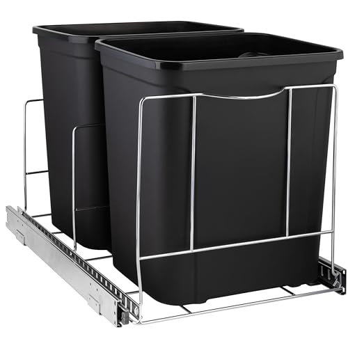 Double Pull-Out Trash Can for Cabinet - Set of Two 9 Gal / 36 qt Supported – Heavy-Duty Chrome, Smooth Slide with Trash Bag Storage – Fits 21.75