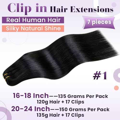 Image of LaaVoo Hair Extensions Clip ins Black Clip in Hair Extensions Real Human Hair Jet Black Human Hair Clip on Extension Silky Straight 24 Inch 7Pcs /150g