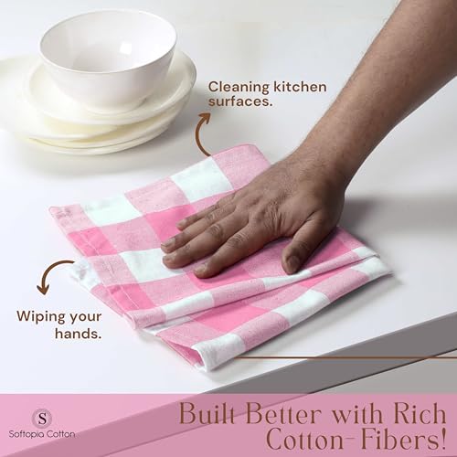 Image of Buffalo Check 4 Pack Kitchen Towels, 16 inchx26 inch, Plaid Dish Towels, 100% Cotton, Absorbent, Washable, Everyday Kitchen Essentials, Soft Cloths for Cleaning, Drying Hands, Pink White
