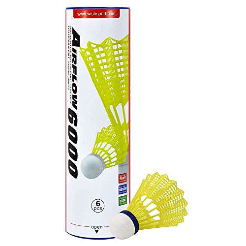 Wish Airflow 6000 Badminton Tournament Shuttlecocks – 6 Pack Tube of Durable Nylon Shuttlecocks with Cork Tips – Badminton Birdies for Indoor and Outdoor Play, Yellow