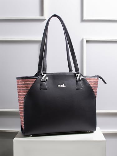 Image of ZOUK Printed Jute Handcrafted Vegan Leather Black Women's Check-point Friendly Classic Business Bag