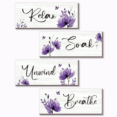ONIZHITY Set of 4 Purple Bathroom Decor With Purple Flower Wall Decor Inspire Relax Soak Unwind Breathe Rustic Wooden Wall Art Ideal for Bedroom Office Living Room Kitchen Decoration(Purple 10x4Inch)