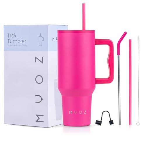 Image of MYOZ 1200ML Stainless Steel Insulated Tumbler Water Mug with Lid, 2 Straws Hot & Cold Iced Coffee Cup, Double Wall Leak-Proof Cupholder for Gym, Travelling Spill-Proof Bottle (Fuchsia Pink)