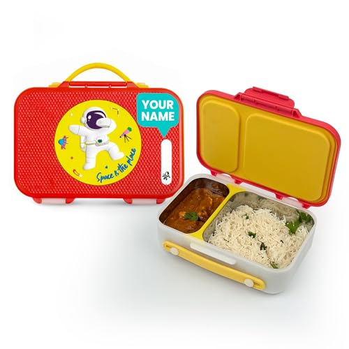 Image of rabitat Munchbee Pro Personalized Stainless Steel Kids Lunch Box 850ml- Food-Grade Steel Bento Tiffin | 2-Year Brand Warranty | Spill-Proof Flick-Lock | 3 Compartments, BPA-Free, School-Safe |Shyguy