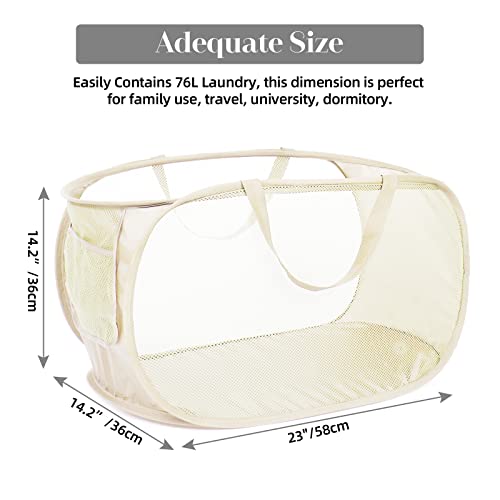Image of Durable Collapsible Laundry Baskets, Mesh Pop Up Laundry Hamper with Side Pocket, Foldable Clothes Storage Hamper with Reinforced Carry Handles for Laundry, Bathroom, Kids Room, Dorm or Travel Beige