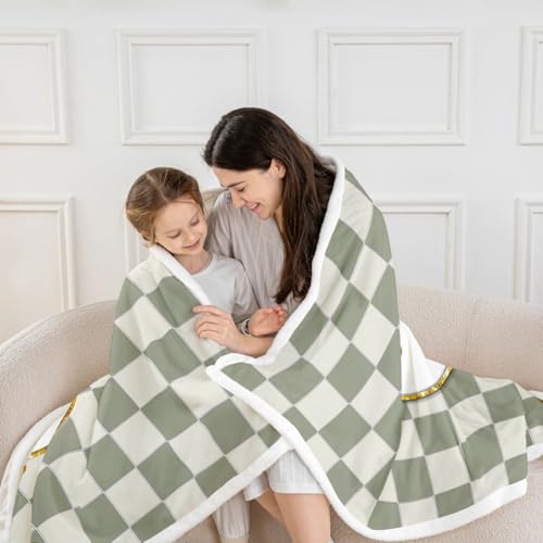Image of Erosebridal Sage Green Checkered Fleece Blanket 40 inchx50 inch Plaid Initial S Sherpa Blanket Personalized Monogram Fuzzy Plush Throw for Kids Boys Girls,Fashion Grids Gingham Decor for Bed Couch
