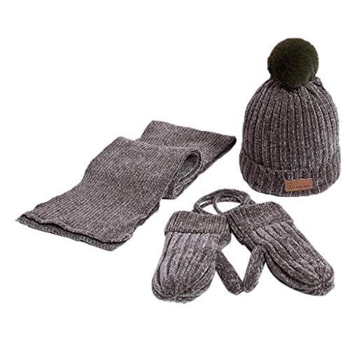 QUICKLYLY 3Pcs Gorro Bebé de Lana Tejido Invierno Grueso Sombrero para Niños Y Niñas Bufanda Conjunto Slouchy Warm Knit Cap Toddler Gorro Punto + Bufanda + Guantes Keep Warm Set/Gris