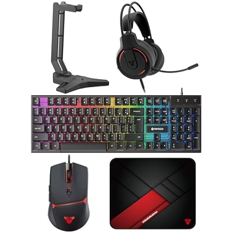 FANTECH P51S Gaming Keyboard and Mouse Combo, Gaming Headset and Headphone Stand Gaming Mouse Pad Wired RGB Rainbow Backlight PC Beginner Gamer Basic 5 in-1 Gaming Set Cover